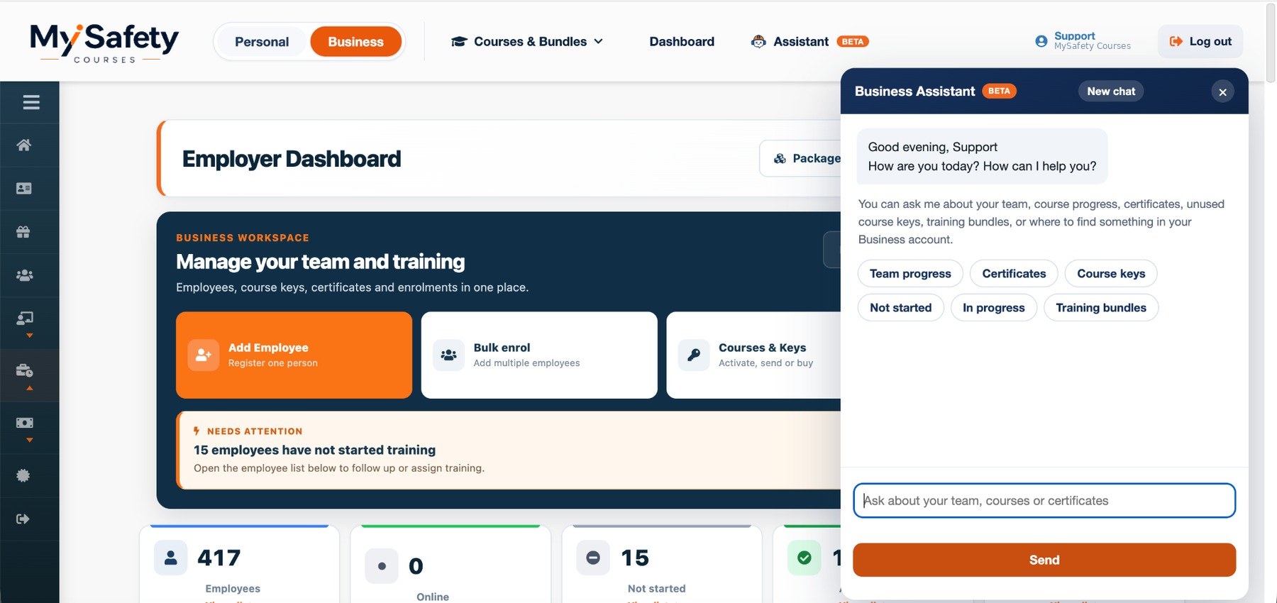 Real MySafety employer dashboard with Business Assistant open
