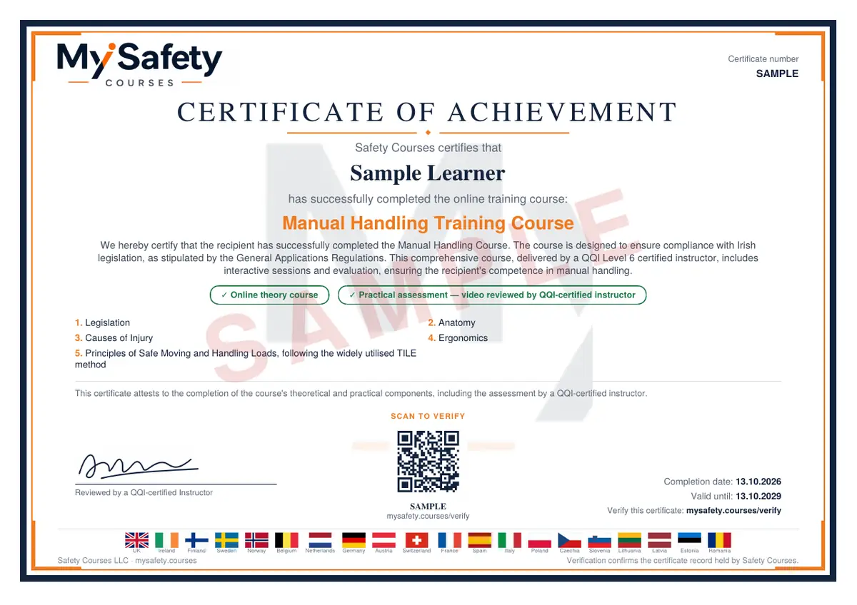 Sample Certificate of Achievement issued on completion, showing the recipient name, the course title, the course curriculum, a validation code, the instructor line and the starting and expiry dates.